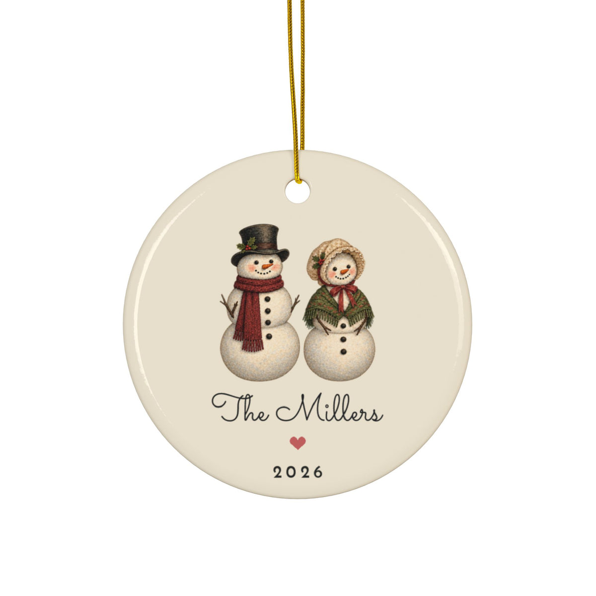 Personalized snowman couple Christmas ornament 2026 with custom names, round ceramic