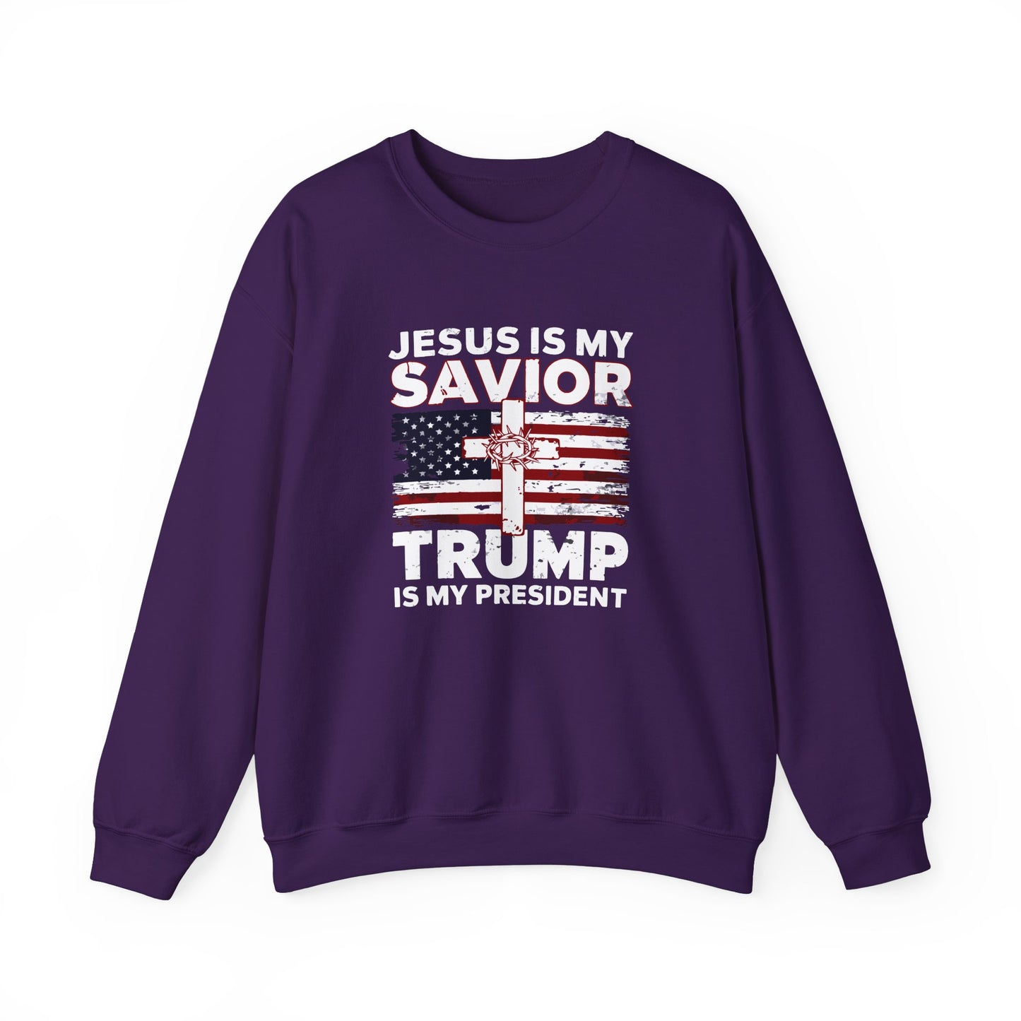 Jesus Is My Savior Trump Is My President Sweatshirt, Christian Patriotic Cross & Flag Pullover,  Conservative Faith-Based Unisex Crewneck
