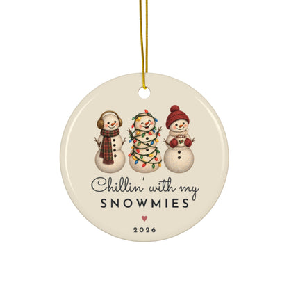 Chillin With My Snowmies personalized ornament for 3 best friends, round ceramic