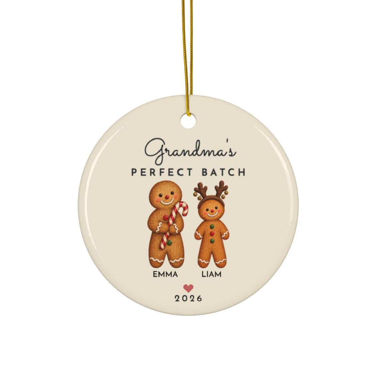 Grandma's Perfect Batch gingerbread Christmas ornament with 2 grandkids names, round ceramic