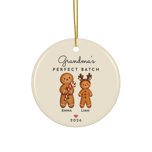Grandma's Perfect Batch gingerbread Christmas ornament with 2 grandkids names, round ceramic