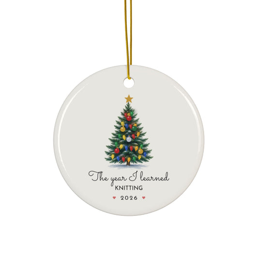 Personalized The Year I Learned Christmas ornament 2026 for any new hobby, round ceramic