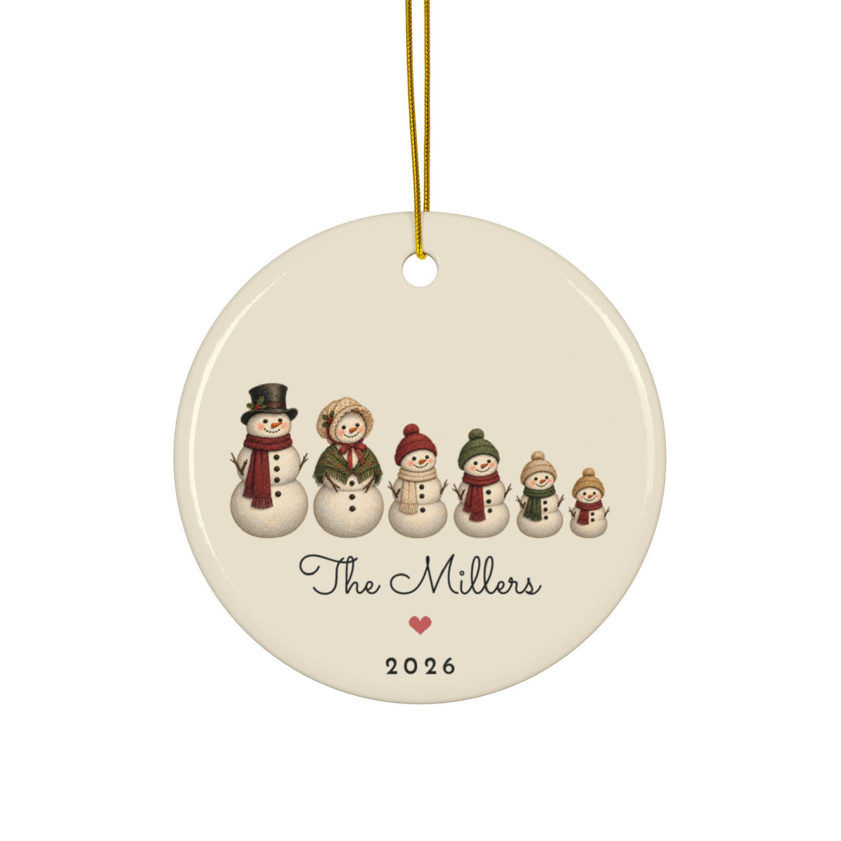 Personalized snowman family of 6 Christmas ornament 2026 with custom names, round ceramic
