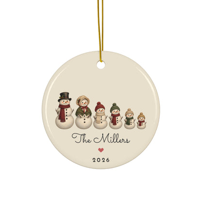 Personalized snowman family of 6 Christmas ornament 2026 with custom names, round ceramic