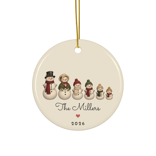 Personalized snowman family of 6 Christmas ornament 2026 with custom names, round ceramic