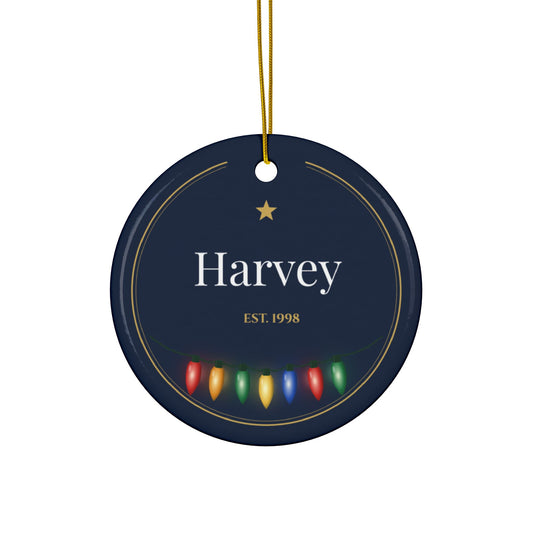 Personalized family name Christmas ornament 2026, Let Your Light Shine Matthew 5:16, round ceramic