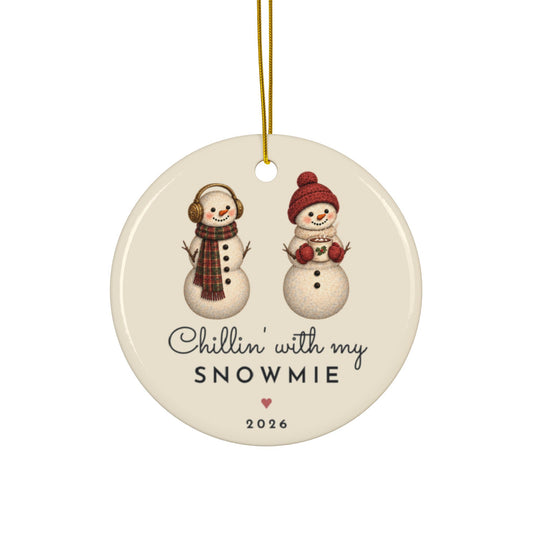Chillin With My Snowmie personalized best friend Christmas ornament, round ceramic
