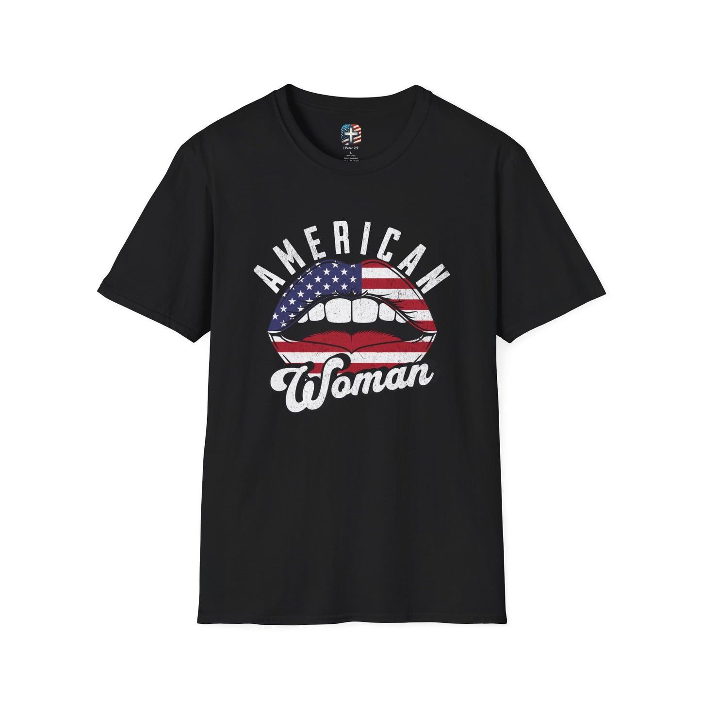 American Woman T-Shirt – Unisex Patriotic Graphic Tee with Bold Lips Design Inspired by Rock & Roll Style