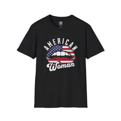 American Woman T-Shirt – Unisex Patriotic Graphic Tee with Bold Lips Design Inspired by Rock & Roll Style