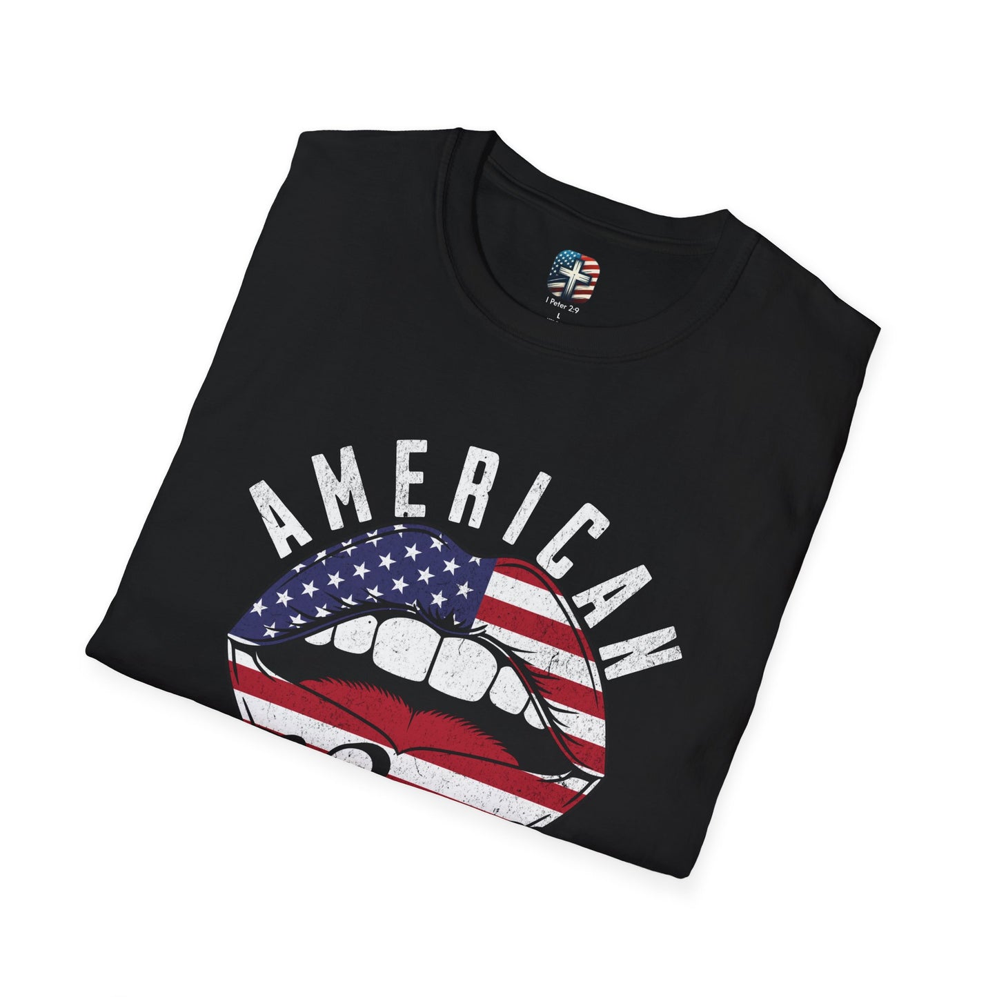 American Woman T-Shirt – Unisex Patriotic Graphic Tee with Bold Lips Design Inspired by Rock & Roll Style