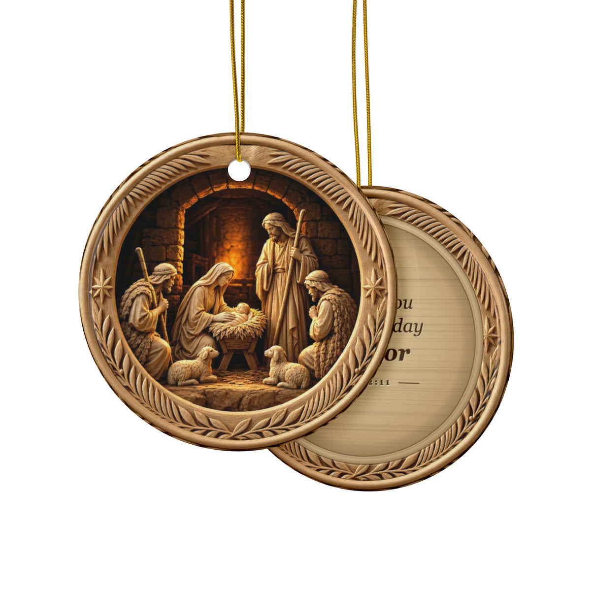 Nativity Christmas Ornament, Carved Look Ceramic Ornament with Luke 2:11 Verse, Christian Christmas Gift