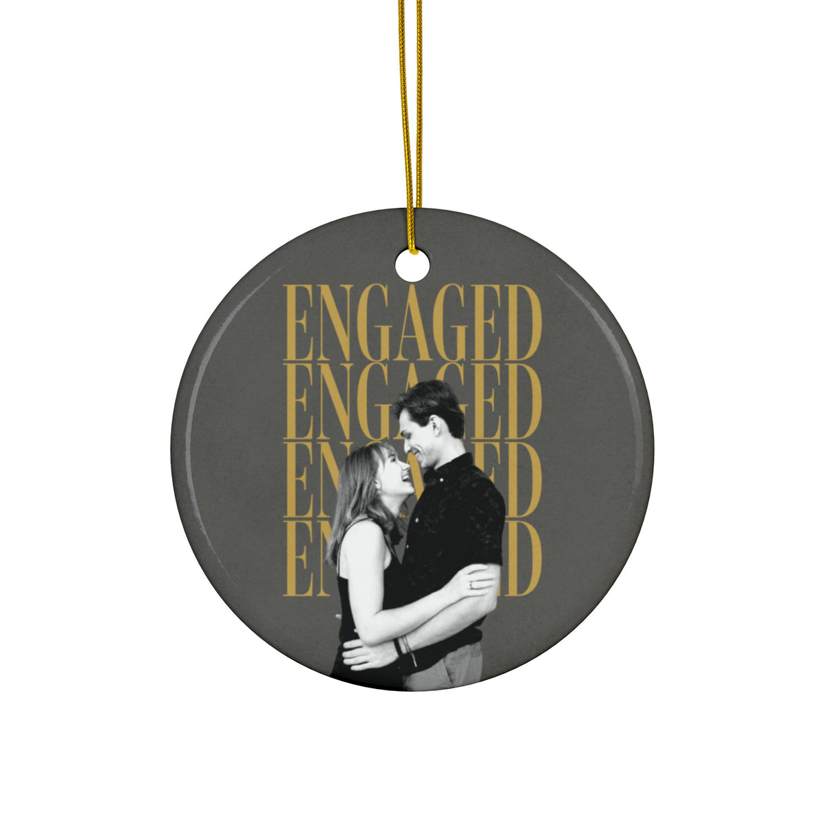 Engaged Christmas ornament 2026 with custom engagement photo, round ceramic