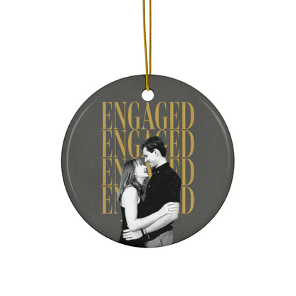 Engaged Christmas ornament 2026 with custom engagement photo, round ceramic
