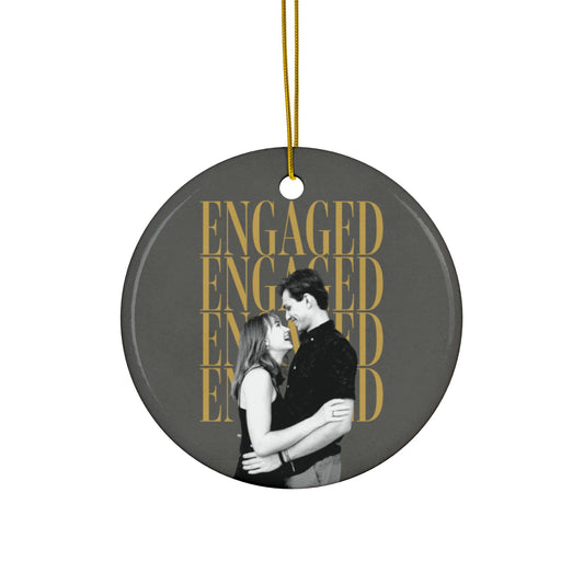 Engaged Christmas ornament 2026 with custom engagement photo, round ceramic