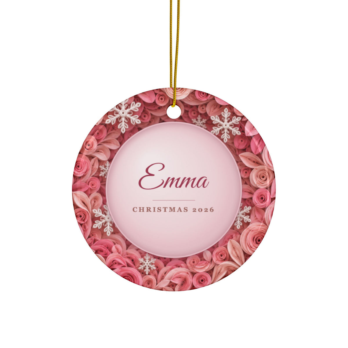 Personalized Pink Christmas Tree Ornament, Quilled Paper Look Ceramic Ornament with Name, White and Pink Christmas Gift