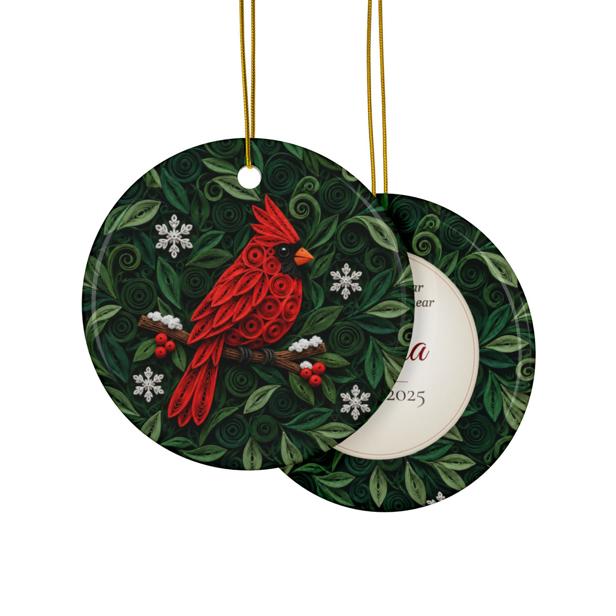 Cardinal Memorial Ornament, Personalized Name and Years, Cardinals Appear When Angels Are Near, Green Quilled Paper Look