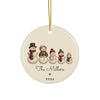 Personalized snowman family of 5 Christmas ornament 2026 with custom names, round ceramic