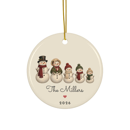 Personalized snowman family of 5 Christmas ornament 2026 with custom names, round ceramic
