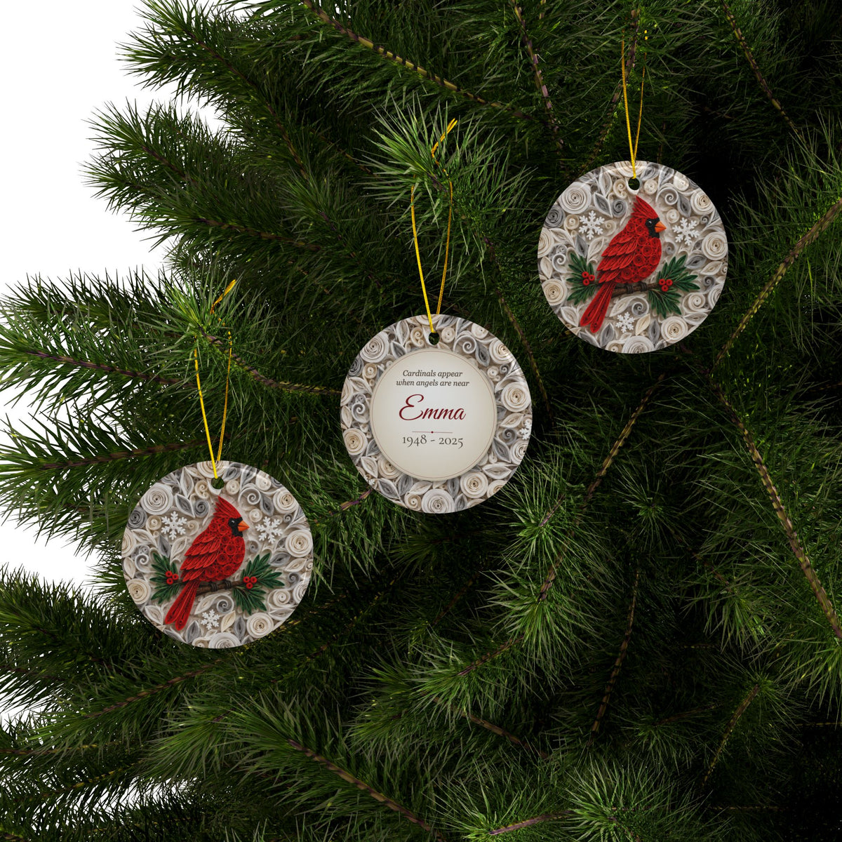 Cardinal Memorial Ornament, Personalized Name and Years, Cardinals Appear When Angels Are Near, Ivory Quilled Paper Look