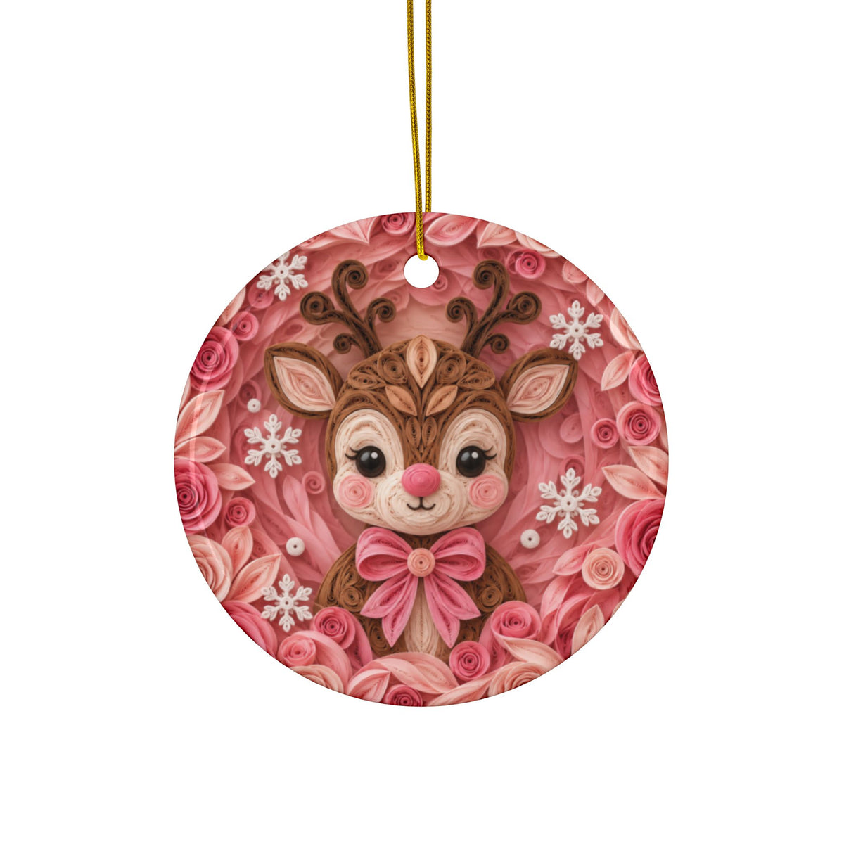 Personalized Pink Reindeer Ornament, Quilled Paper Look Ceramic Christmas Ornament with Name, Cute Girl Christmas Gift