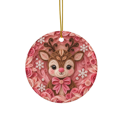 Personalized Pink Reindeer Ornament, Quilled Paper Look Ceramic Christmas Ornament with Name, Cute Girl Christmas Gift