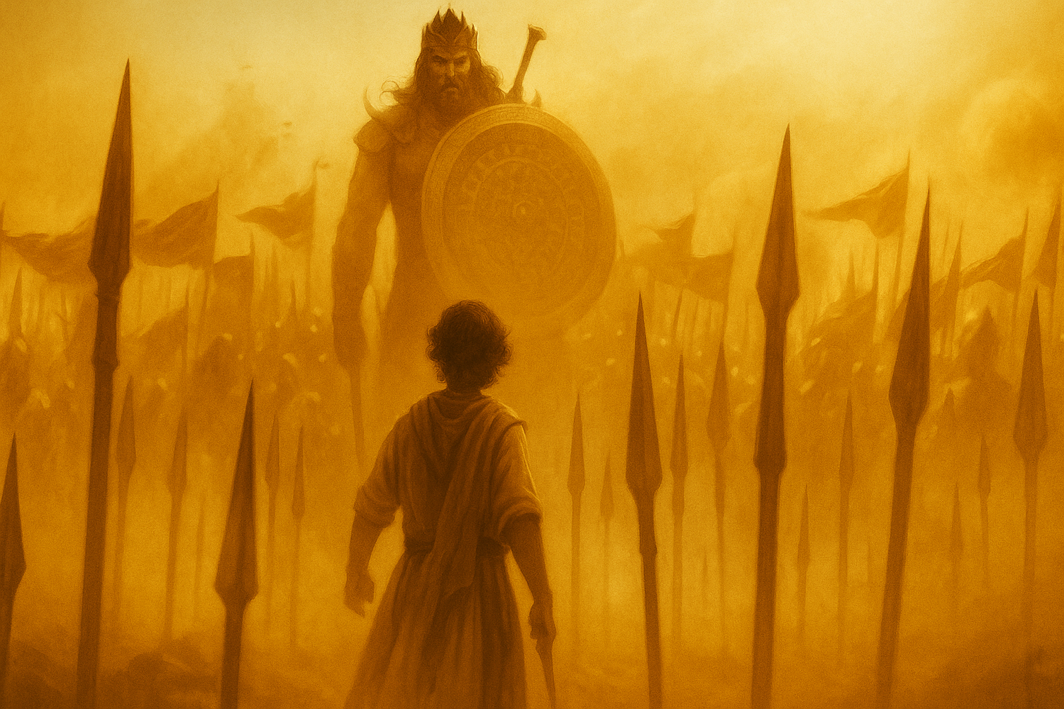 Artistic depiction of David facing Goliath in a battlefield surrounded by spears and flags