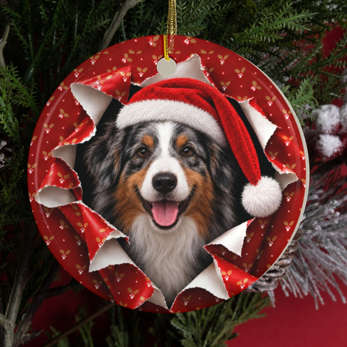 Personalized Australian Shepherd Christmas ornament hanging on a tree, gift wrap 3D burst design