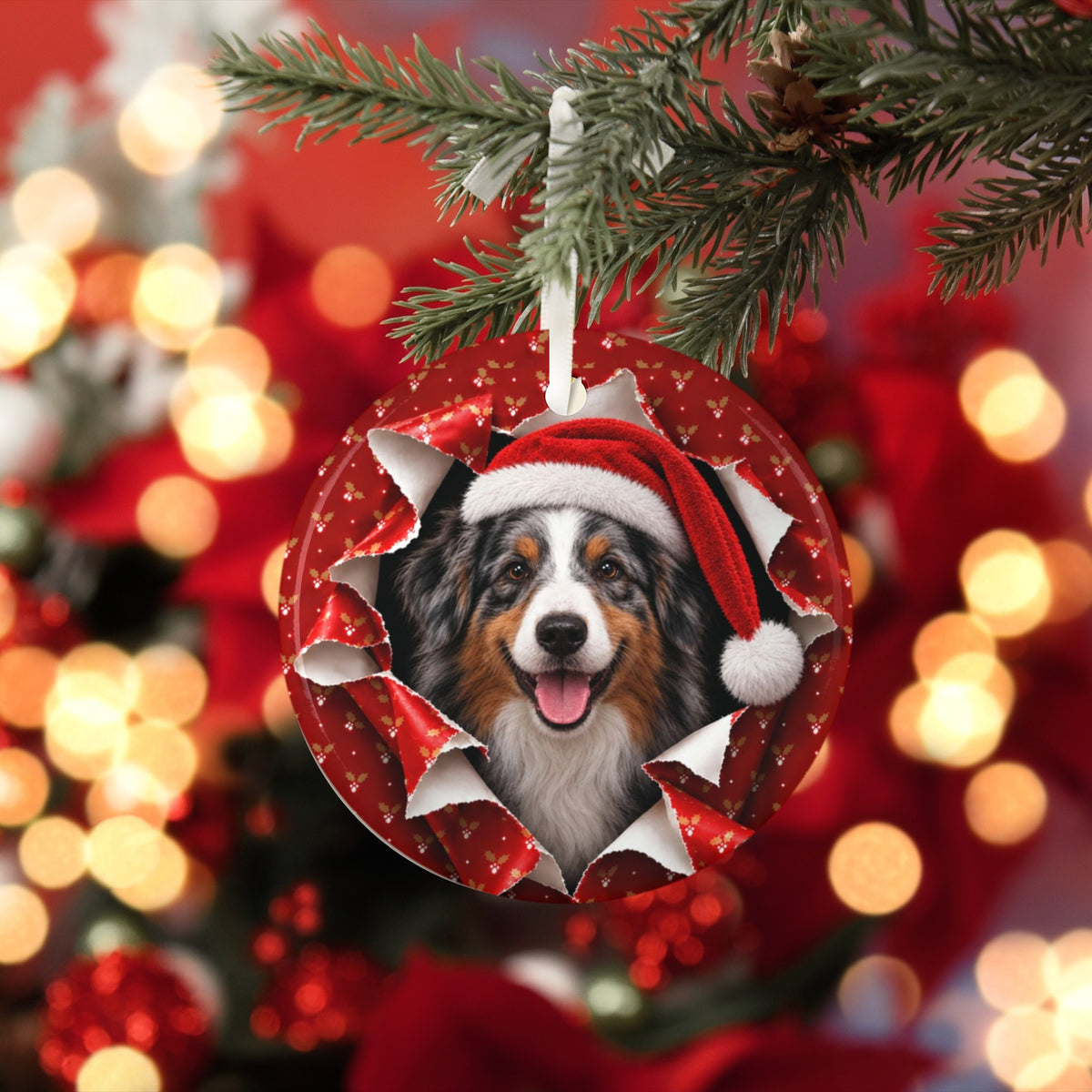 Australian Shepherd Christmas ornament with red bokeh lights