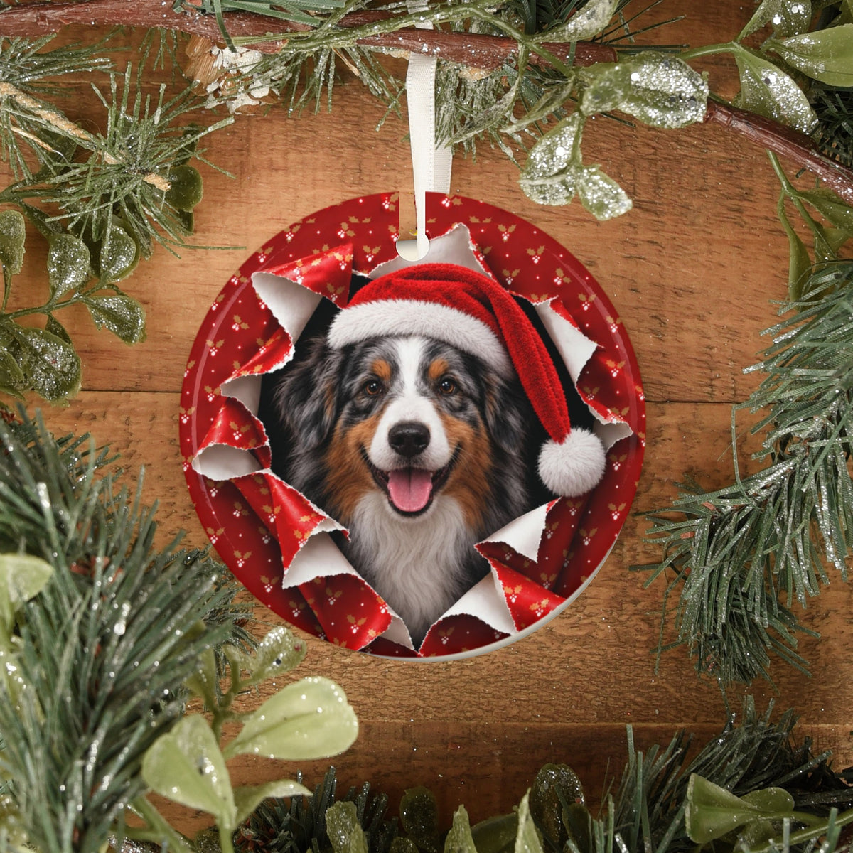 Australian Shepherd ornament on rustic wood with greenery