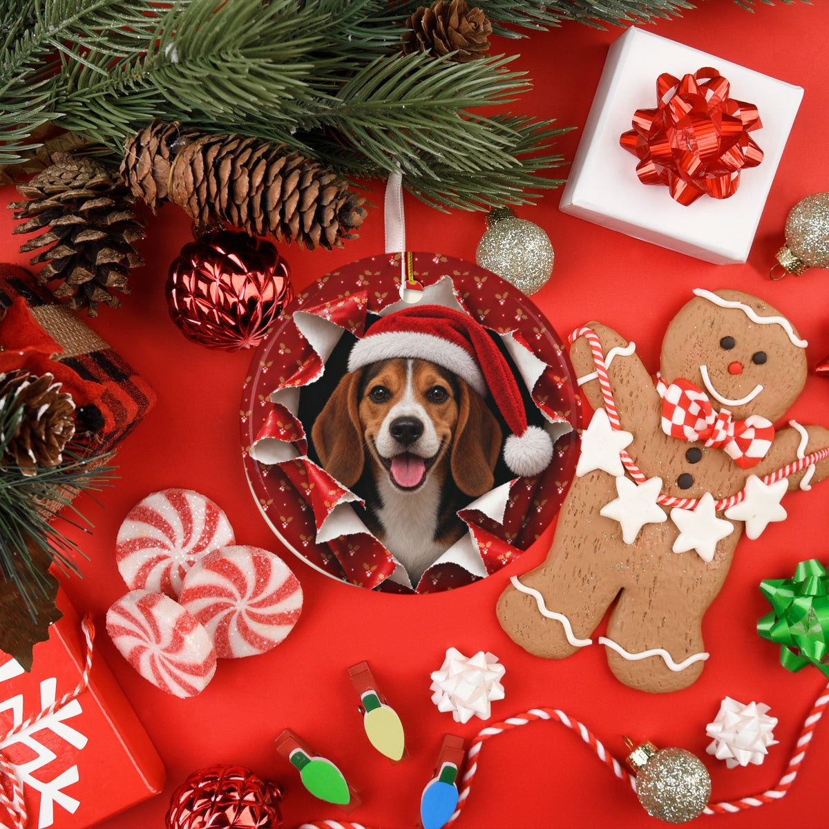 Beagle ornament with gingerbread and candy flatlay