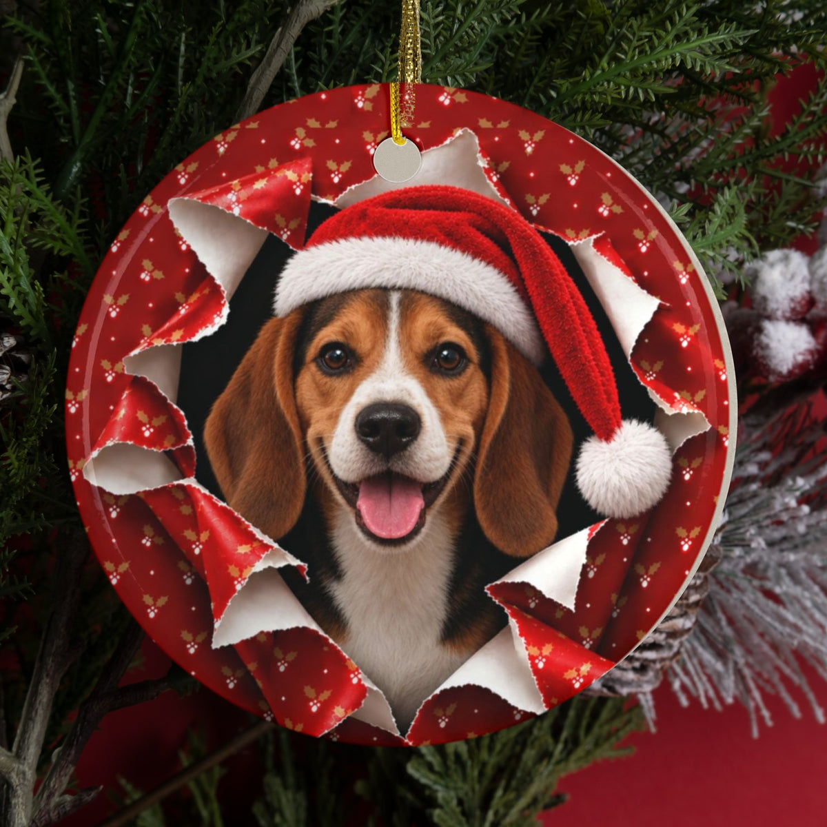 Personalized Beagle Christmas ornament hanging on a tree, gift wrap 3D burst design