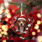 Beagle Christmas ornament with red bokeh lights