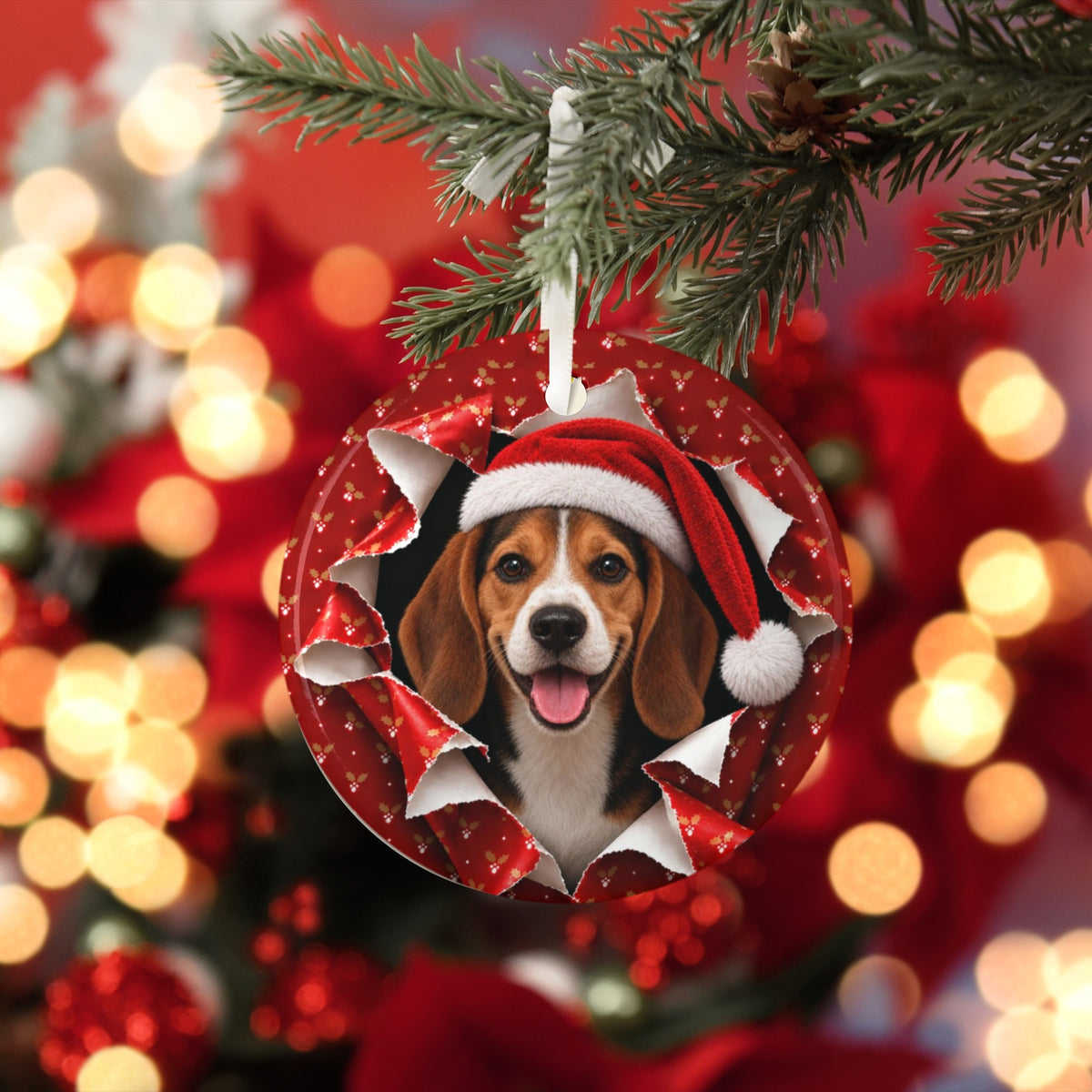 Beagle Christmas ornament with red bokeh lights