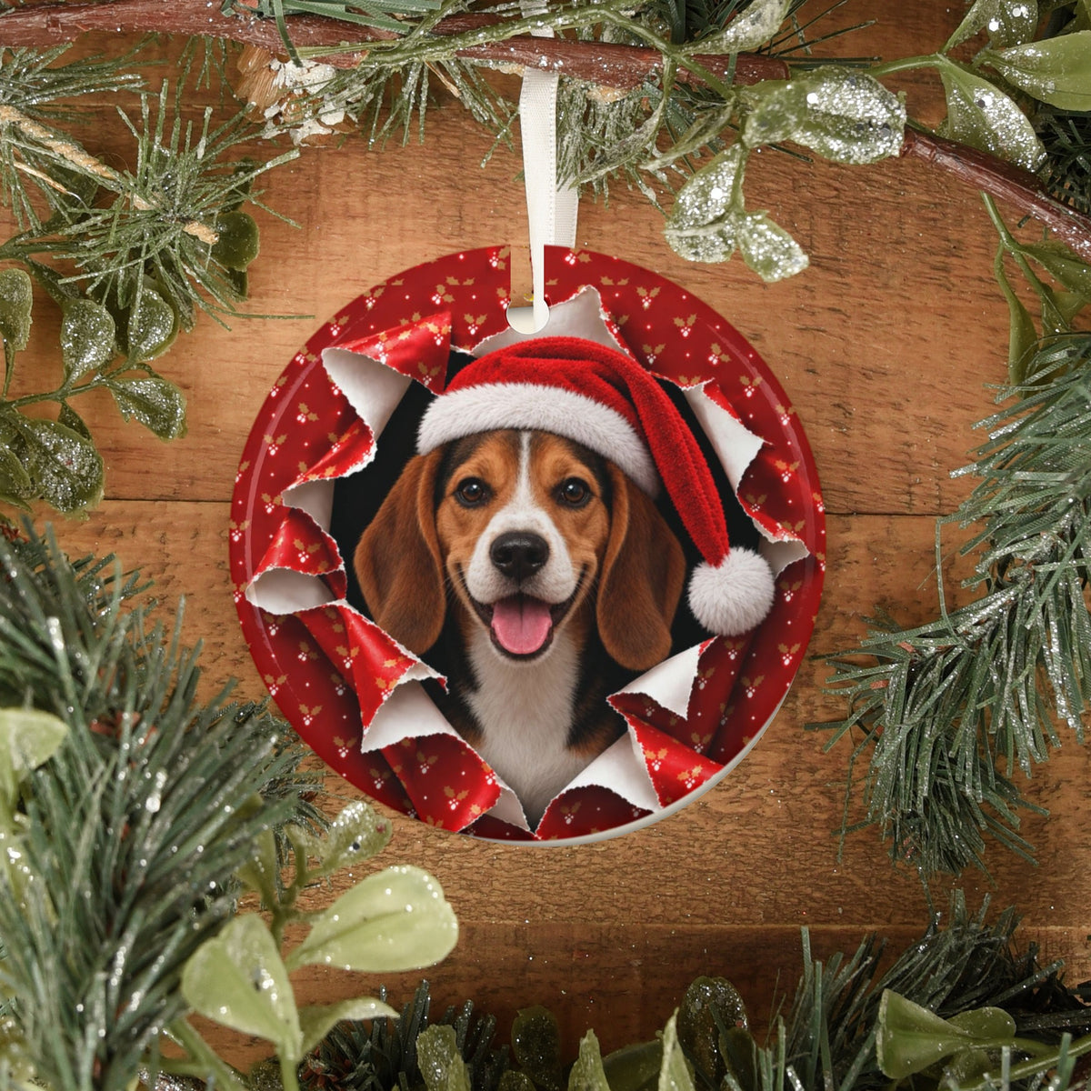 Beagle ornament on rustic wood with greenery