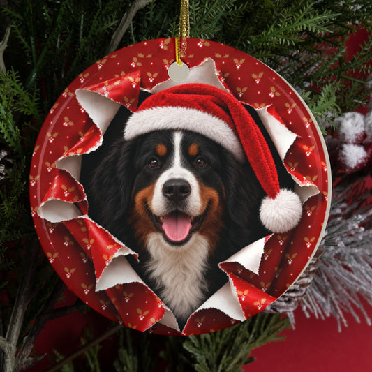 Personalized Bernese Mountain Dog Christmas ornament hanging on a tree, gift wrap 3D burst design