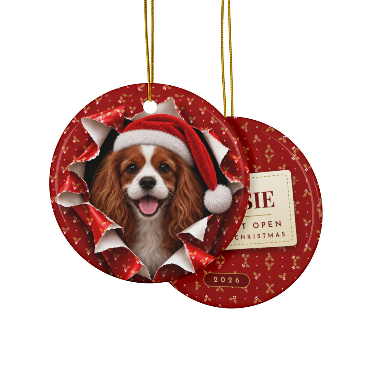 Cavalier King Charles gift wrap burst ornament front and back, gift tag reading Rosie