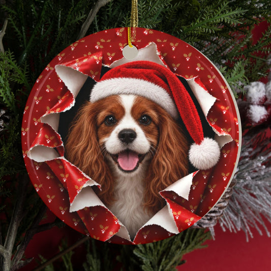 Personalized Cavalier King Charles Christmas ornament hanging on a tree, gift wrap 3D burst design
