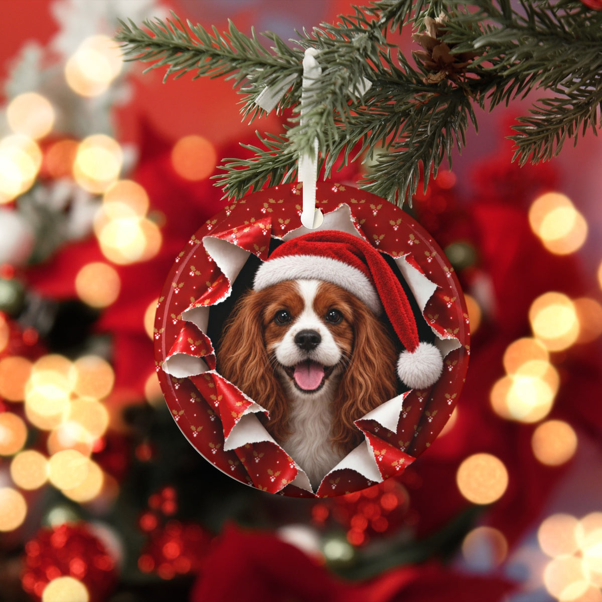 Cavalier King Charles Christmas ornament with red bokeh lights