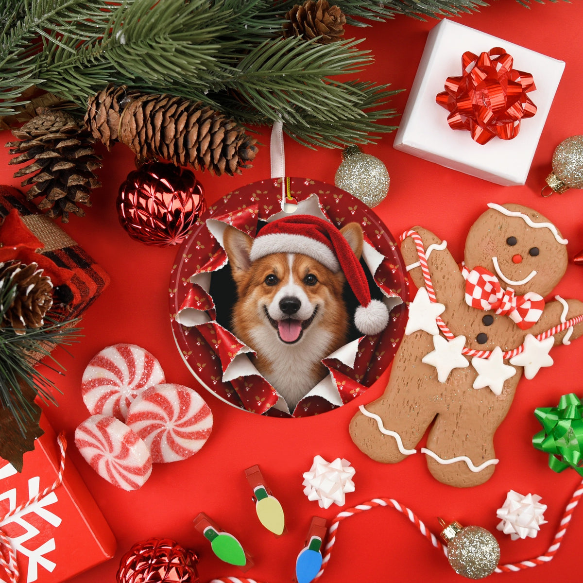 Corgi ornament with gingerbread and candy flatlay