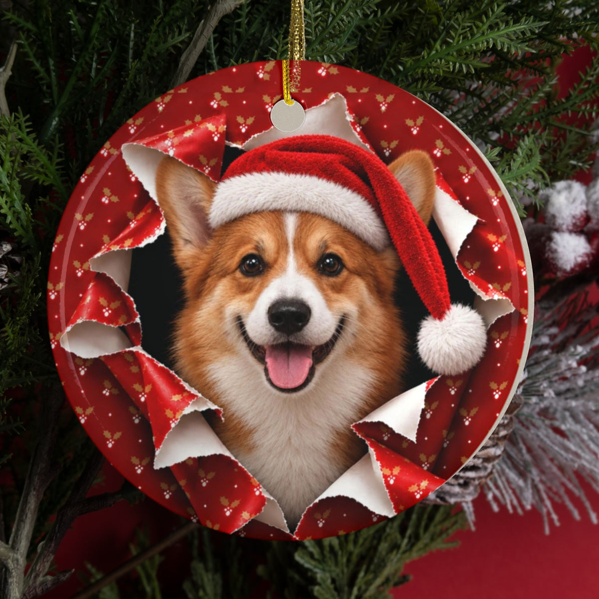 Personalized Corgi Christmas ornament hanging on a tree, gift wrap 3D burst design