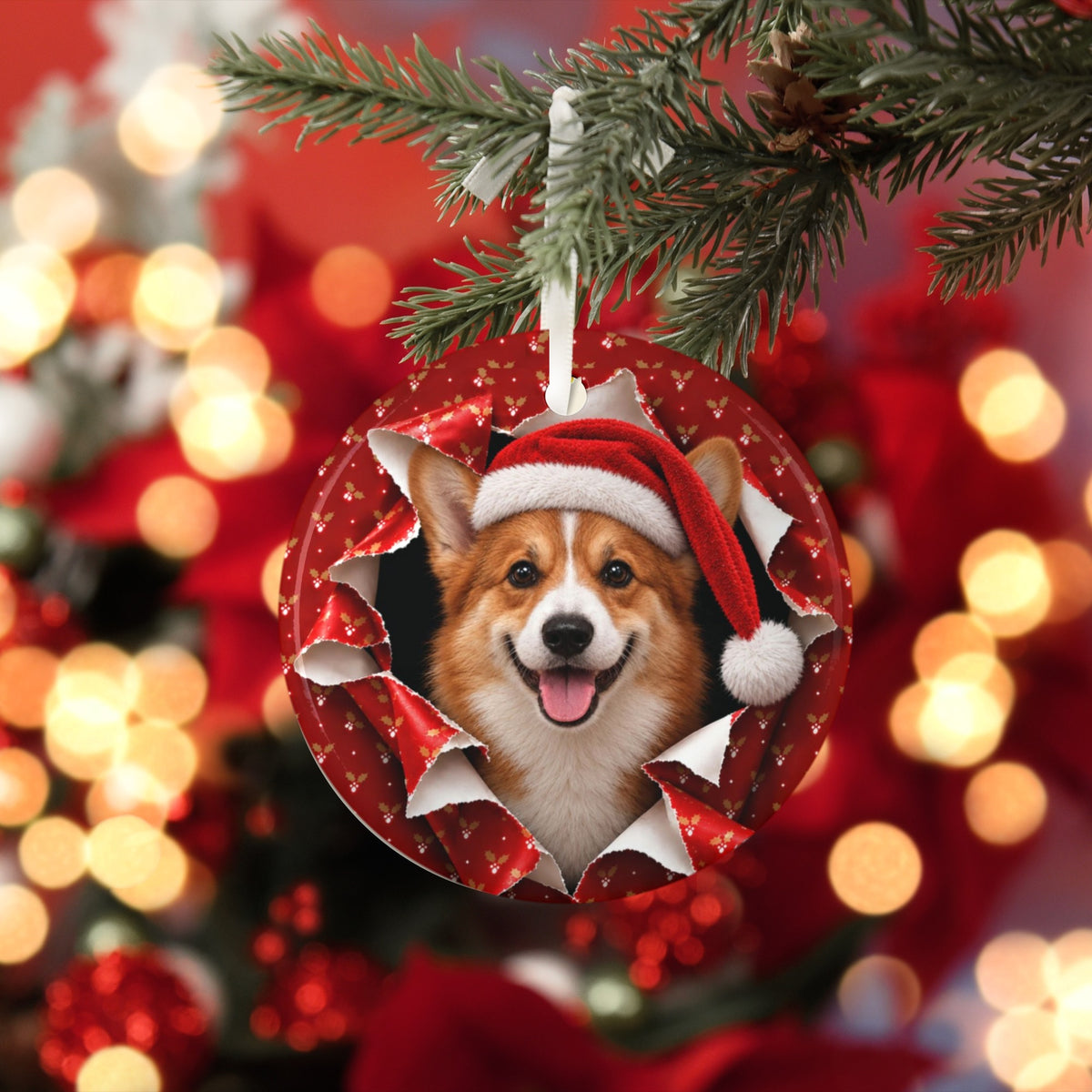 Corgi Christmas ornament with red bokeh lights
