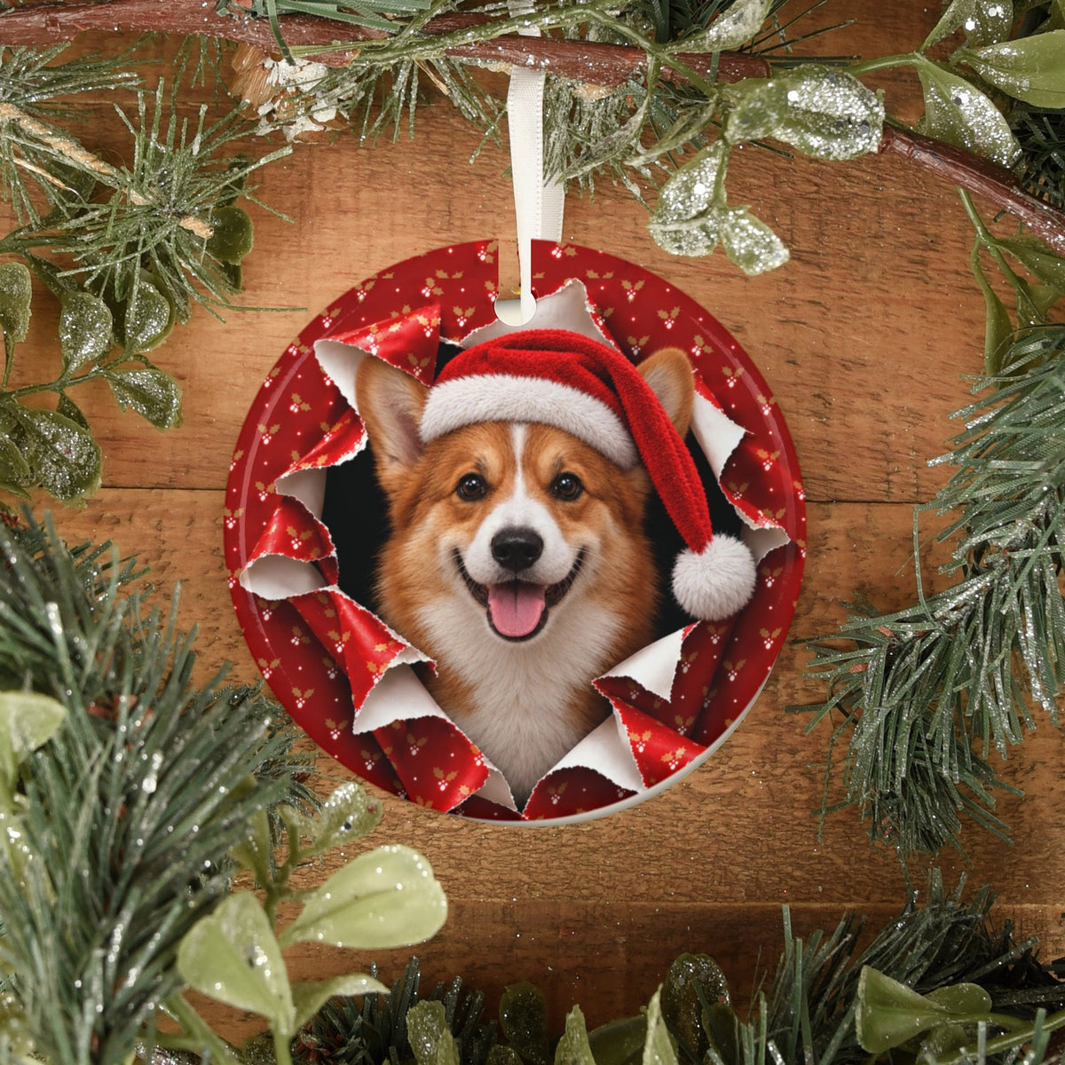 Corgi ornament on rustic wood with greenery