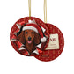 Dachshund gift wrap burst ornament front and back, gift tag reading Oscar