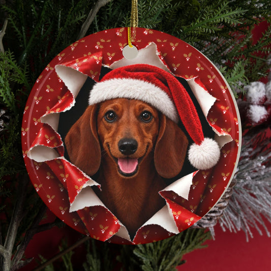 Personalized Dachshund Christmas ornament hanging on a tree, gift wrap 3D burst design