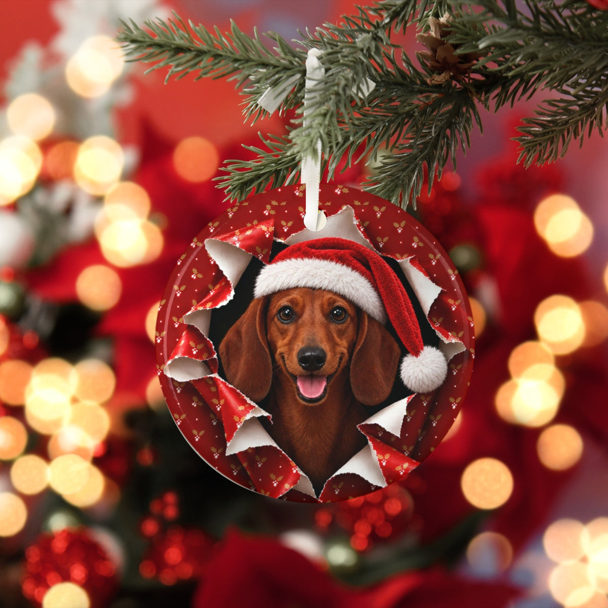 Dachshund Christmas ornament with red bokeh lights