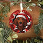 Dachshund ornament on rustic wood with greenery