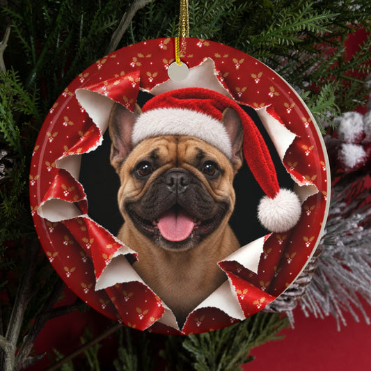 Personalized French Bulldog Christmas ornament hanging on a tree, gift wrap 3D burst design
