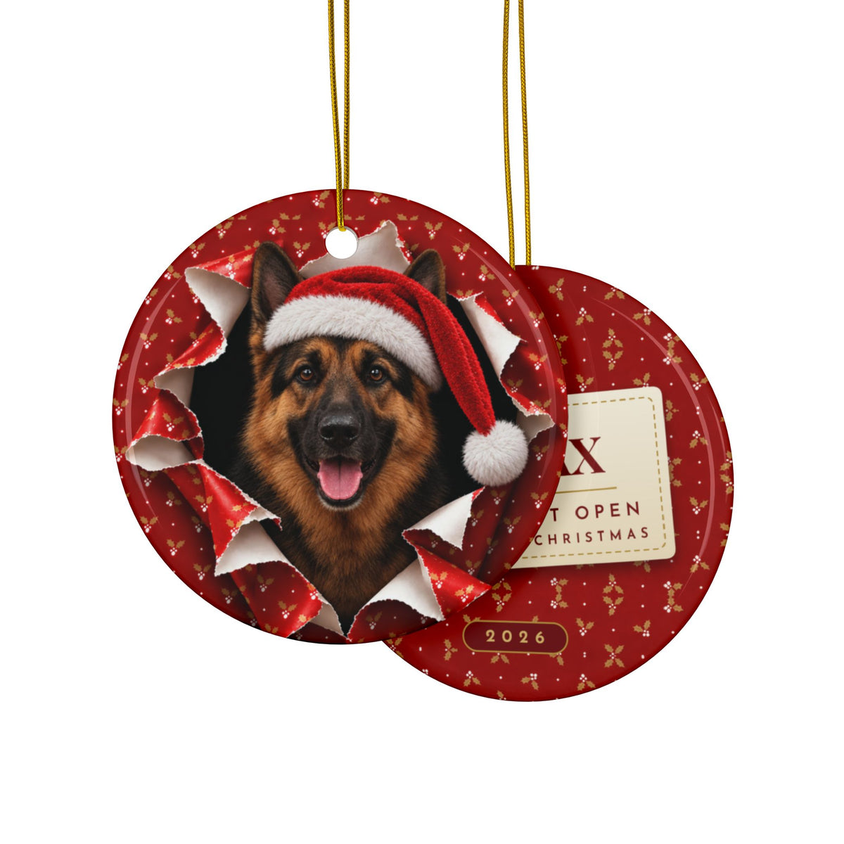 German Shepherd gift wrap burst ornament front and back, gift tag reading Max