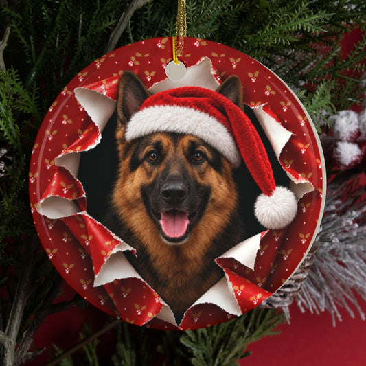 Personalized German Shepherd Christmas ornament hanging on a tree, gift wrap 3D burst design