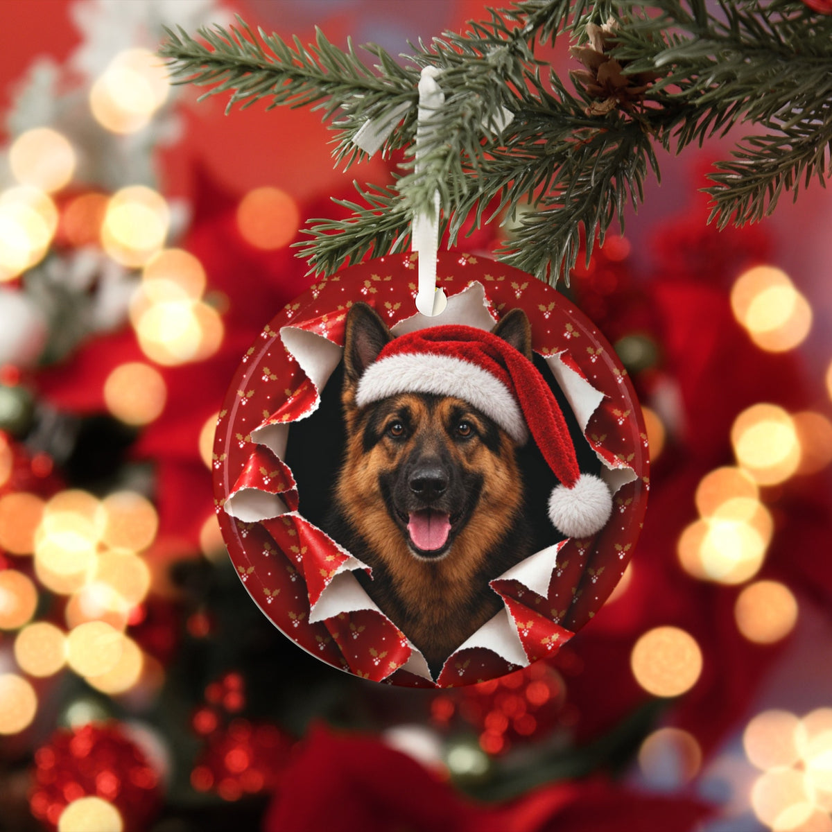 German Shepherd Christmas ornament with red bokeh lights
